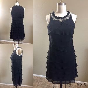 DRESS BARN shift dress, Black, ruffles, pearls